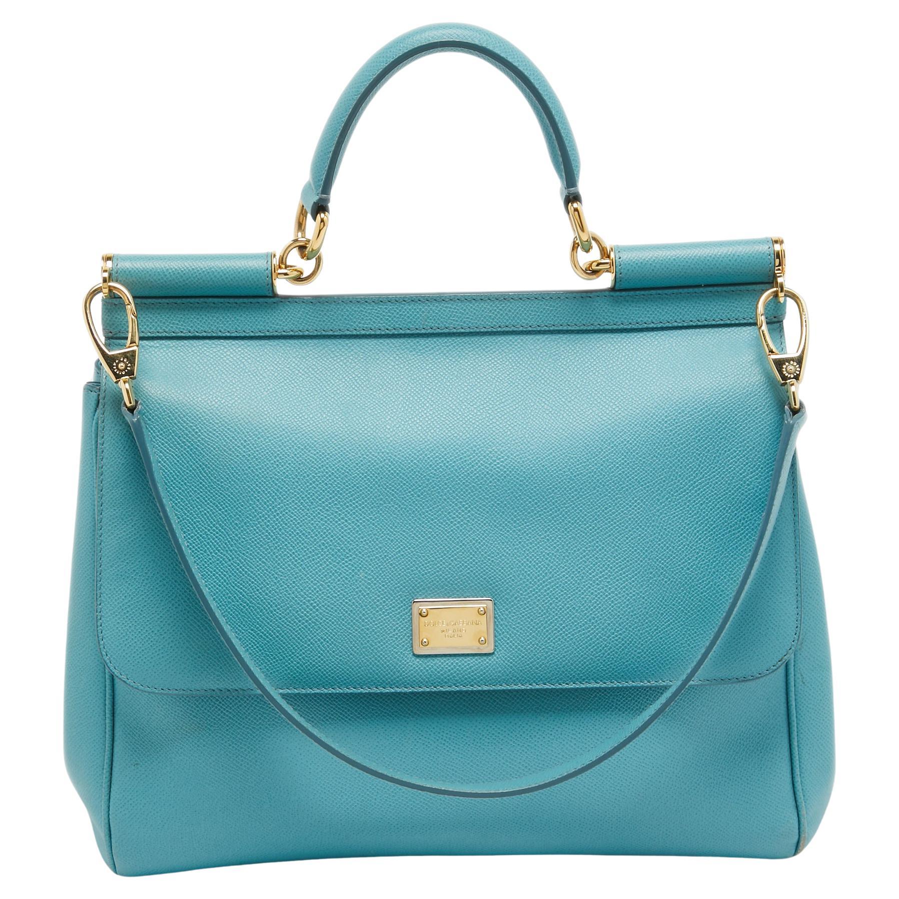 Dolce & Gabbana Light Blue Leather Large Miss Sicily Top Handle Bag For Sale
