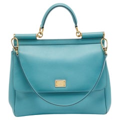 Used Dolce & Gabbana Light Blue Leather Large Miss Sicily Top Handle Bag
