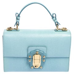 Dolce & Gabbana Light Blue Lizard Embossed Leather Lucia Top Handle Bag