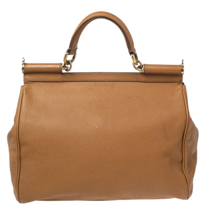 Dolce & Gabbana Light Brown Leather Large Miss Sicily Top Handle Bag For Sale 6