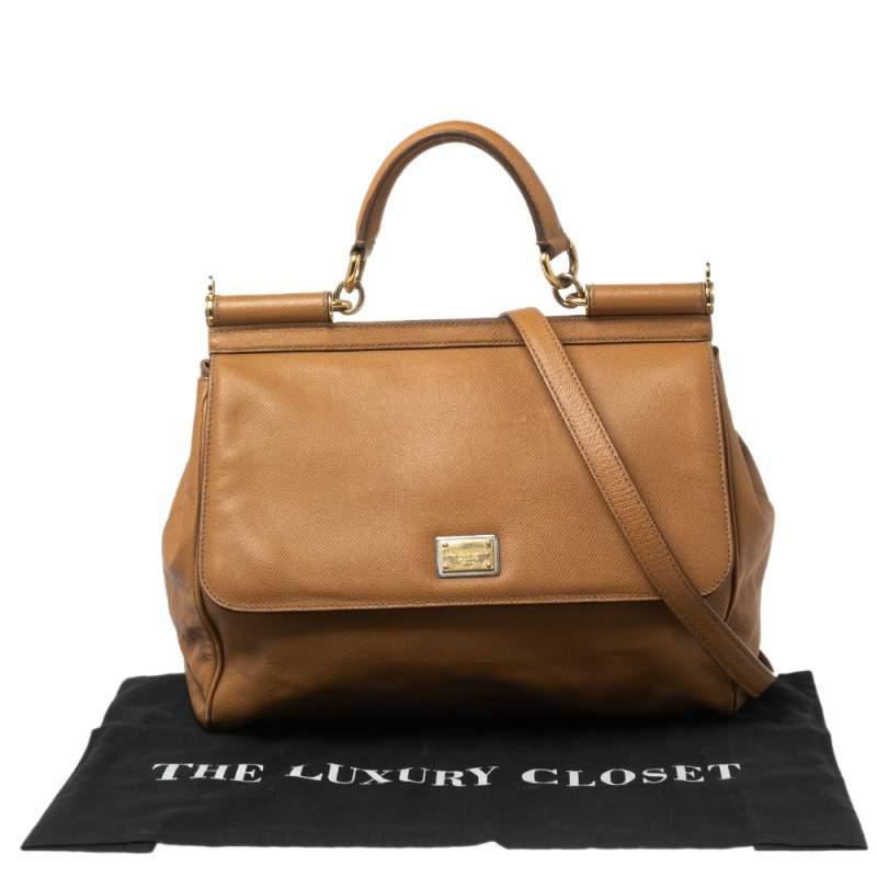Dolce & Gabbana Light Brown Leather Large Miss Sicily Top Handle Bag For Sale 9