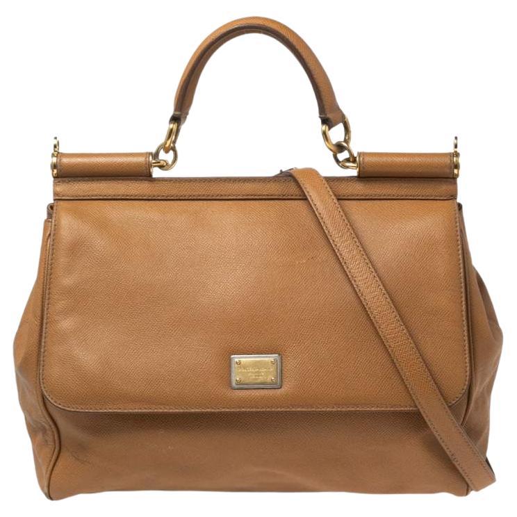 Dolce & Gabbana Light Brown Leather Large Miss Sicily Top Handle Bag For Sale
