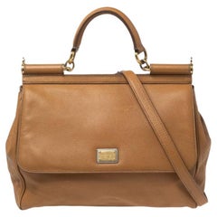 Dolce & Gabbana Light Brown Leather Large Miss Sicily Top Handle Bag