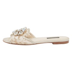 Dolce 
Gabbana Light Grey Lace Bianca Flat Slides Size 35.5