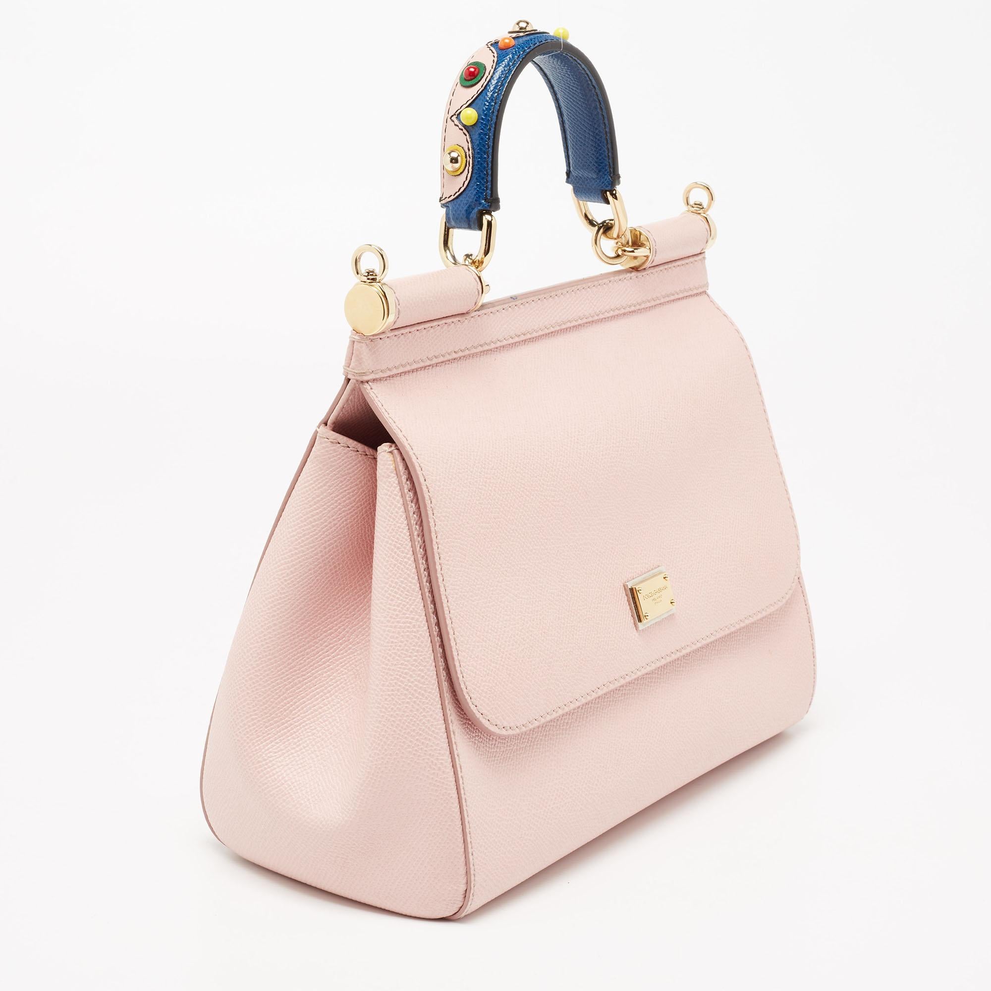 Dolce & Gabbana Light Pink Leather Medium Miss Sicily Studded Top Handle Bag In Good Condition In Dubai, Al Qouz 2