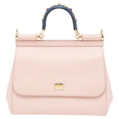 Dolce & Gabbana Light Pink Leather Medium Miss Sicily Studded Top Handle Bag