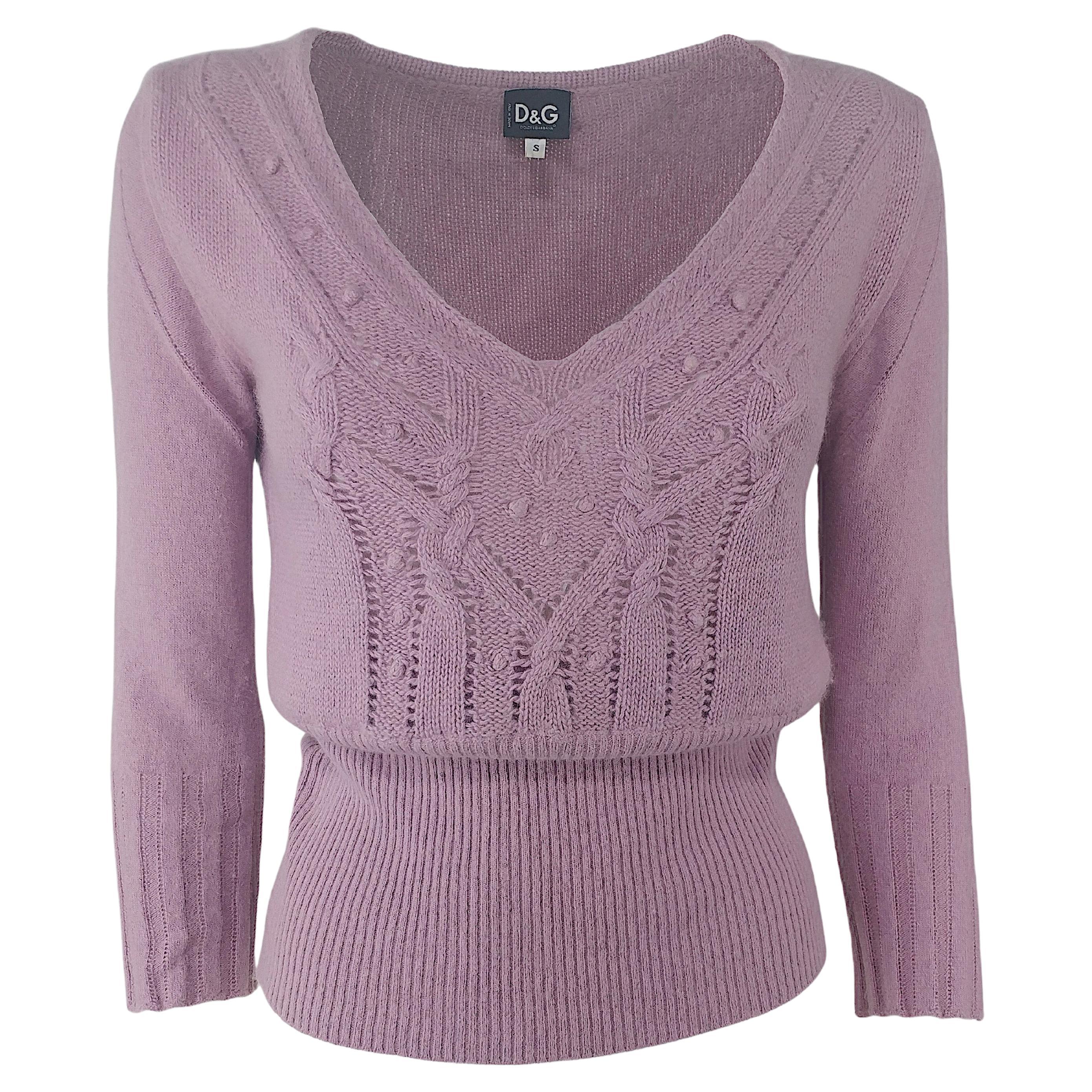 DOLCE & GABBANA - Lilac Angora Wool Openwork Jumper with Long Sleeves  Size S For Sale