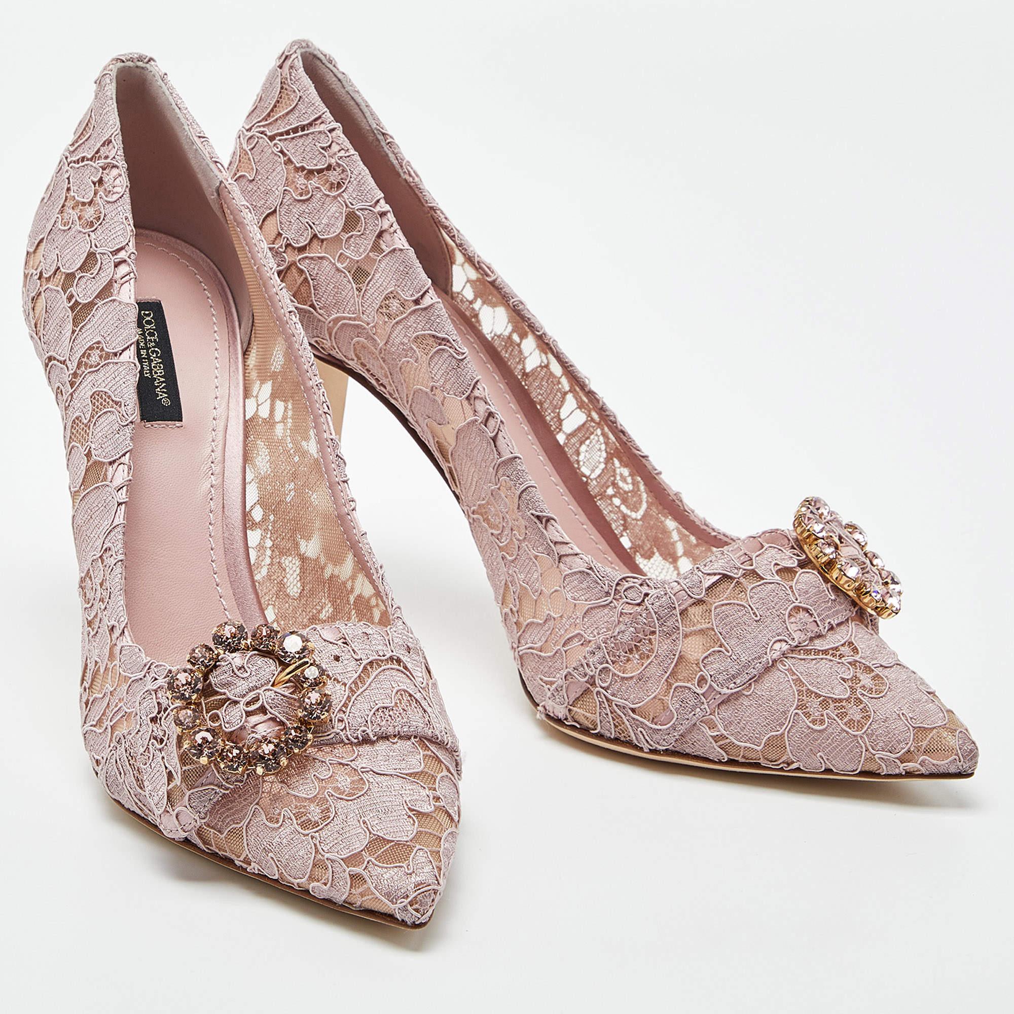 Dolce & Gabbana Lilac Lace Crystal Embellishment Pointed Toe Pumps Size 40 1