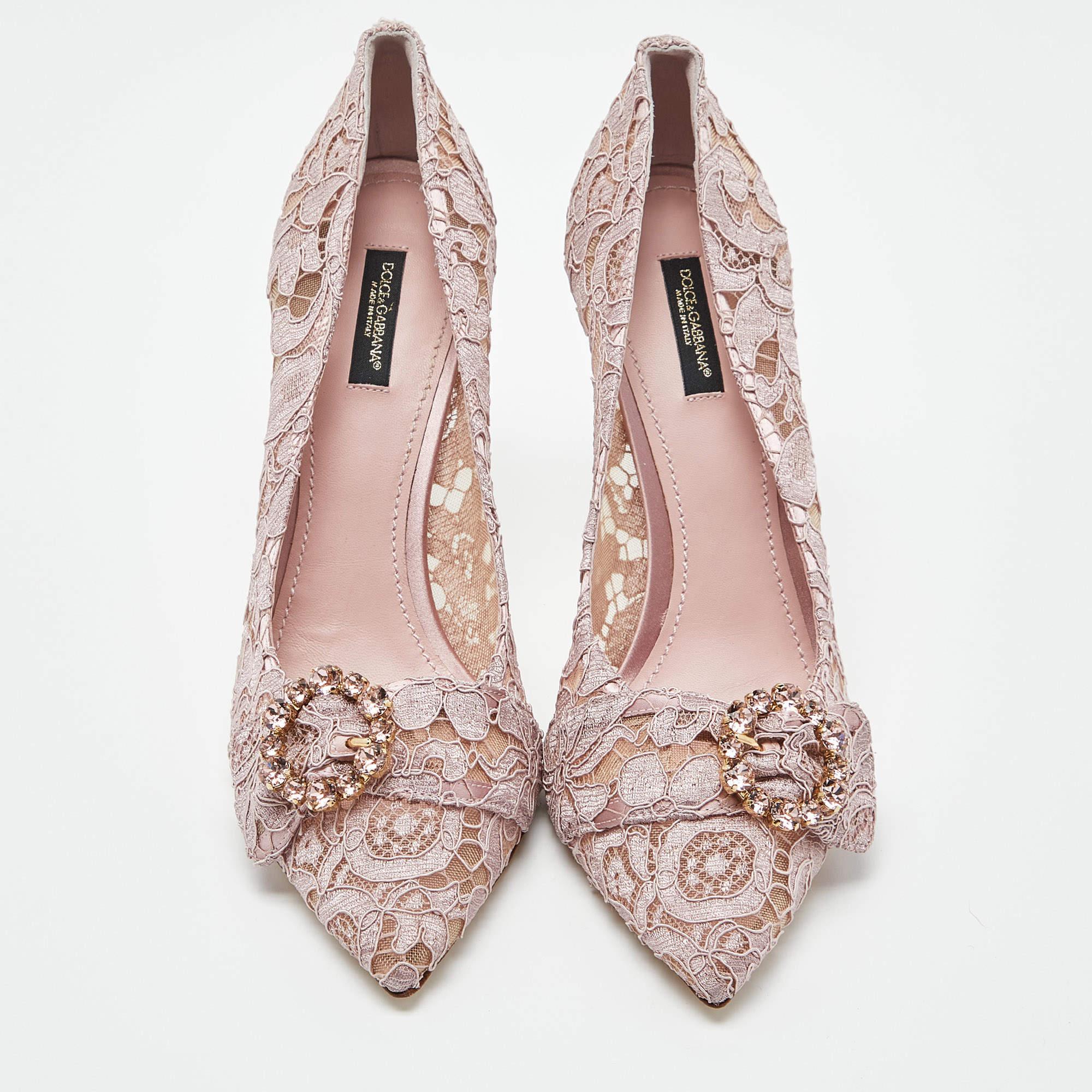 Curvaceous arches, a feminine appeal, and a well-built structure define this set of designer lace pumps. Coming with comfortable insoles and sleek heels, style them with your favorite outfits.

Includes: Original Box, Original Dustbag

