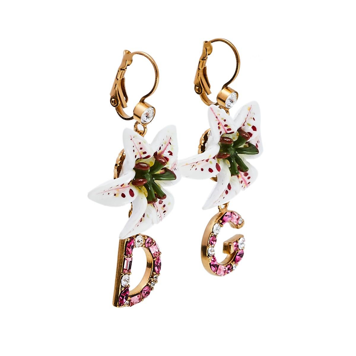 Contemporary Dolce & Gabbana Lily Crystal Logo Drop Earrings
