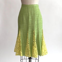 Dolce & Gabbana Lime Green Flared Pencil Skirt with Yellow Lace Accents