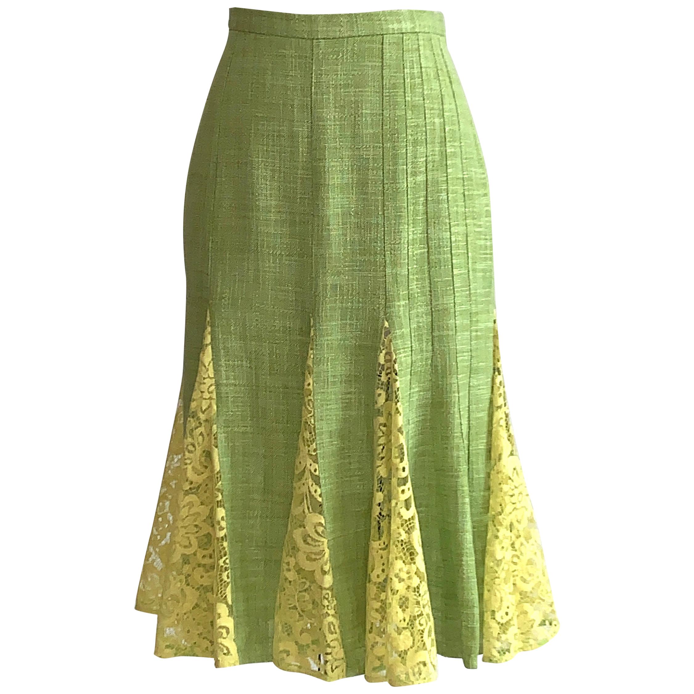 Dolce & Gabbana Lime Green Flared Pencil Skirt with Yellow Lace Accents