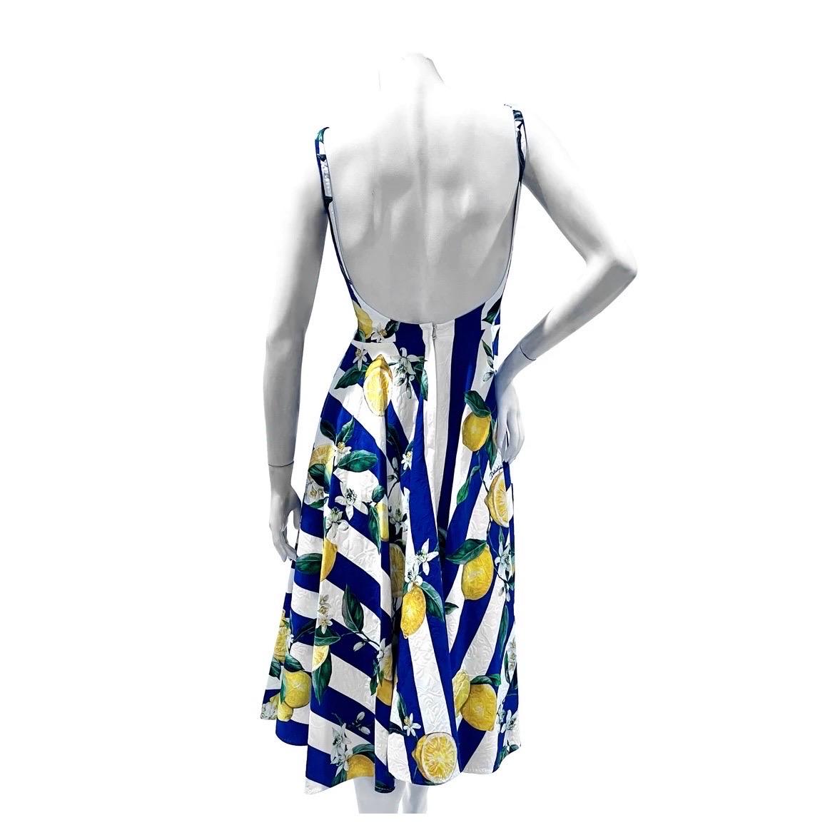 Limoni Print Dress by Dolce & Gabbana
Made in Italy
Royal blue stripes with lemon floral motif
Boatneck
A-line pleated skirt
Open back 
Back zipper closure
Viscose cotton blend, silk lining 
Condition: Excellent condition, no visible wear.
