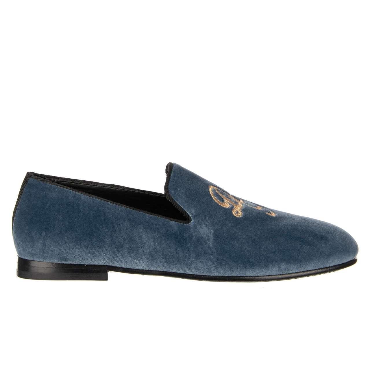 - Velvet loafer shoes AMALFI with embroidered golden DG logo in light blue by DOLCE & GABBANA - MADE IN ITALY - Former RRP: EUR 595 - New with Box - Model: A50335-B9L43-80620 - Material: 89% Cotton, 10% Viscose, 1% Elastan - Sole: Leather - Color: