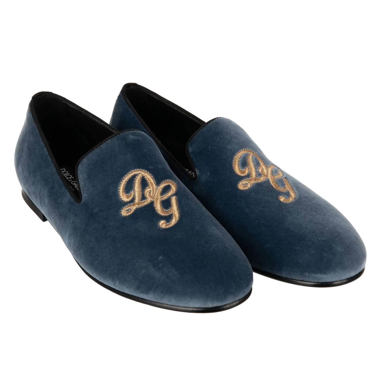 Dolce & Gabbana - Logo Embroidered Velvet Loafer AMALFI Light Blue Gold EUR 42 For Sale