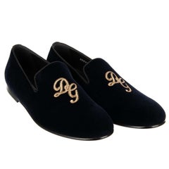 Dolce & Gabbana - Logo Embroidered Velvet Loafer AMALFI Navy Blue Gold EUR 40.5