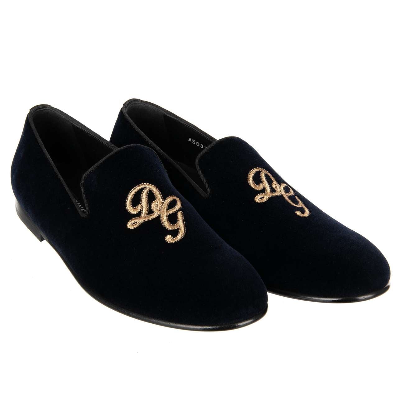 Dolce 
Gabbana - Logo Embroidered Velvet Loafer AMALFI Navy Blue Gold EUR 41.5 For Sale