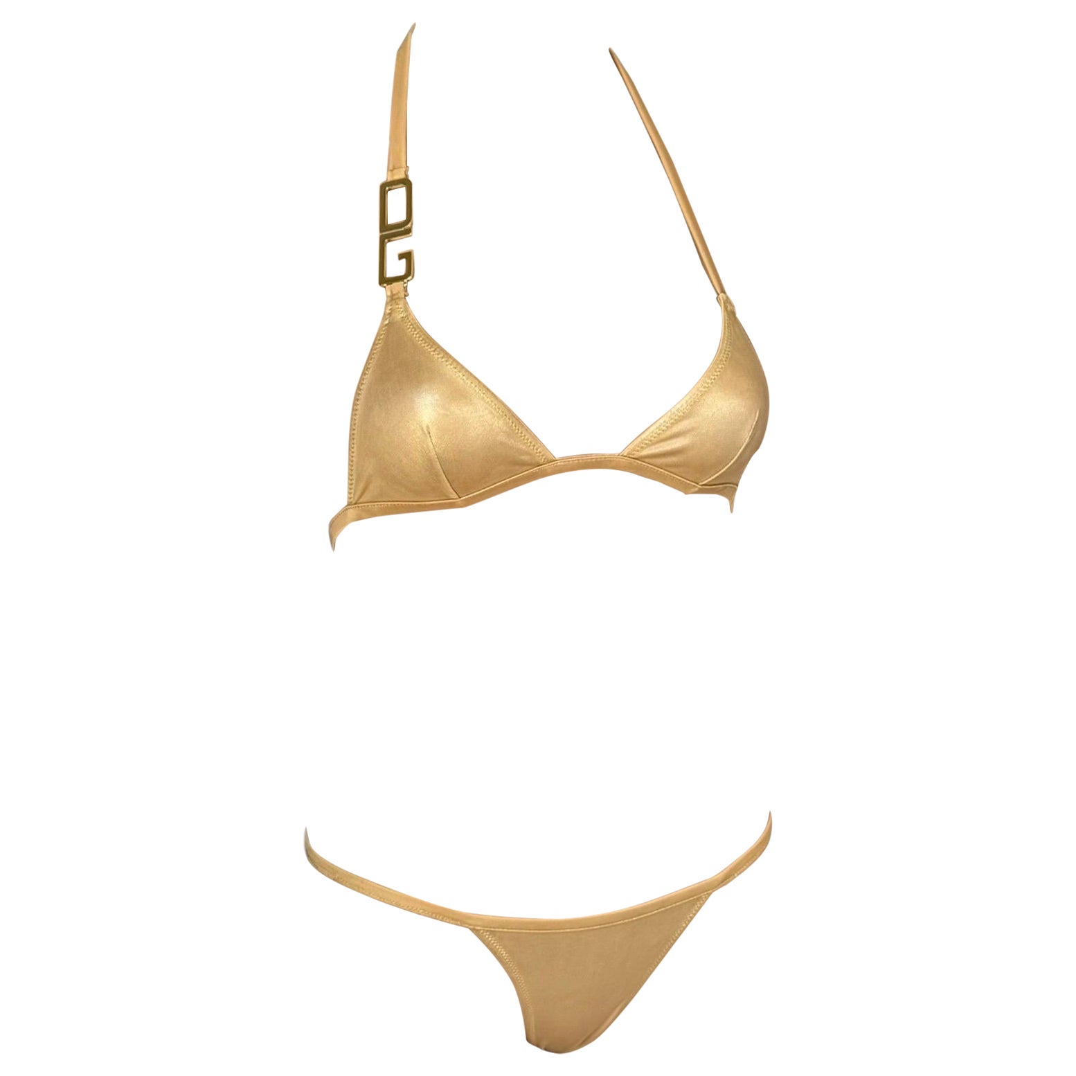 Dolce & Gabbana Logo Gold Metallic Bikini Bademode Badeanzug 2 Stück Set
