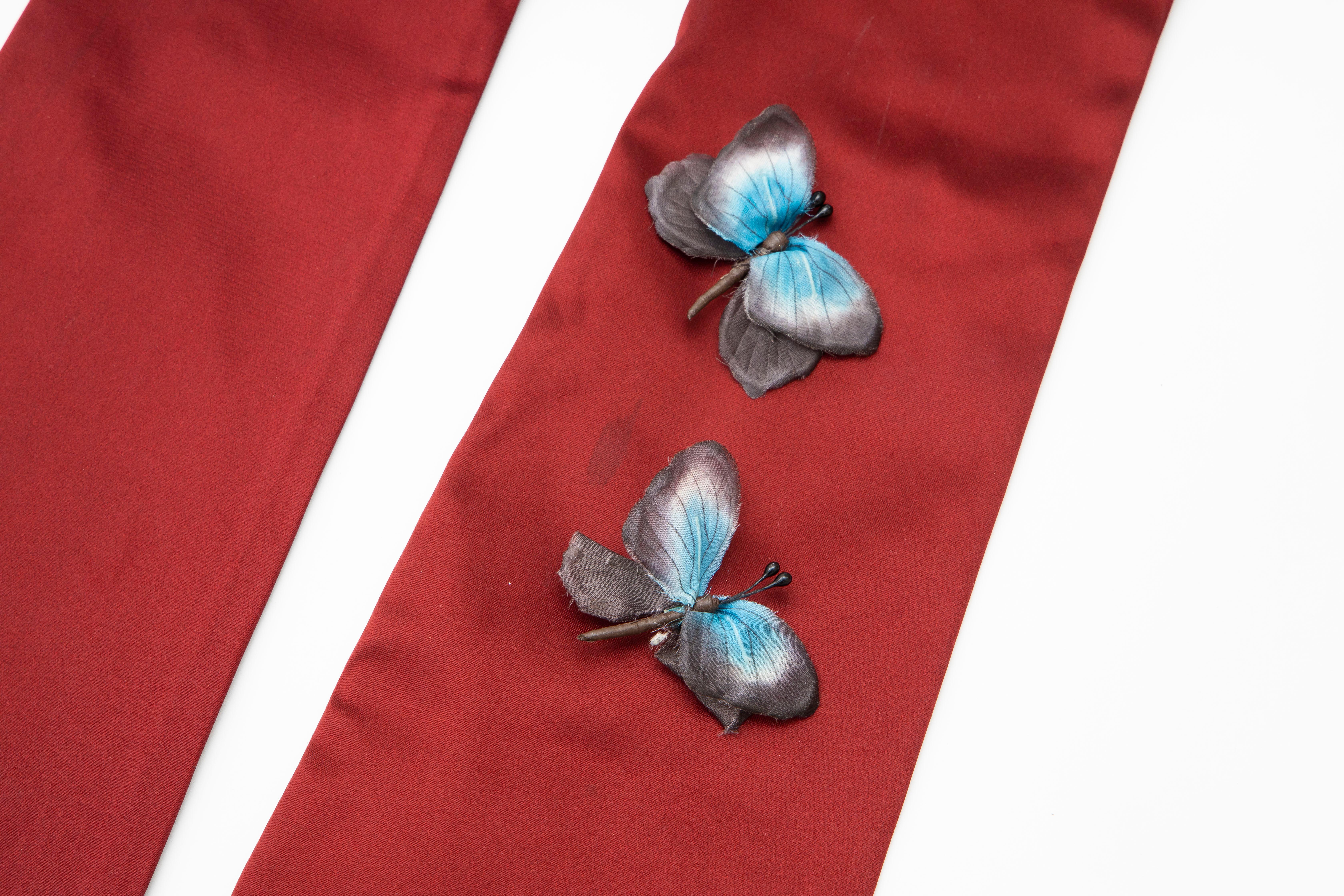 Red Dolce & Gabbana Long Satin Butterfly Appliqué Evening Gloves, Spring 1998