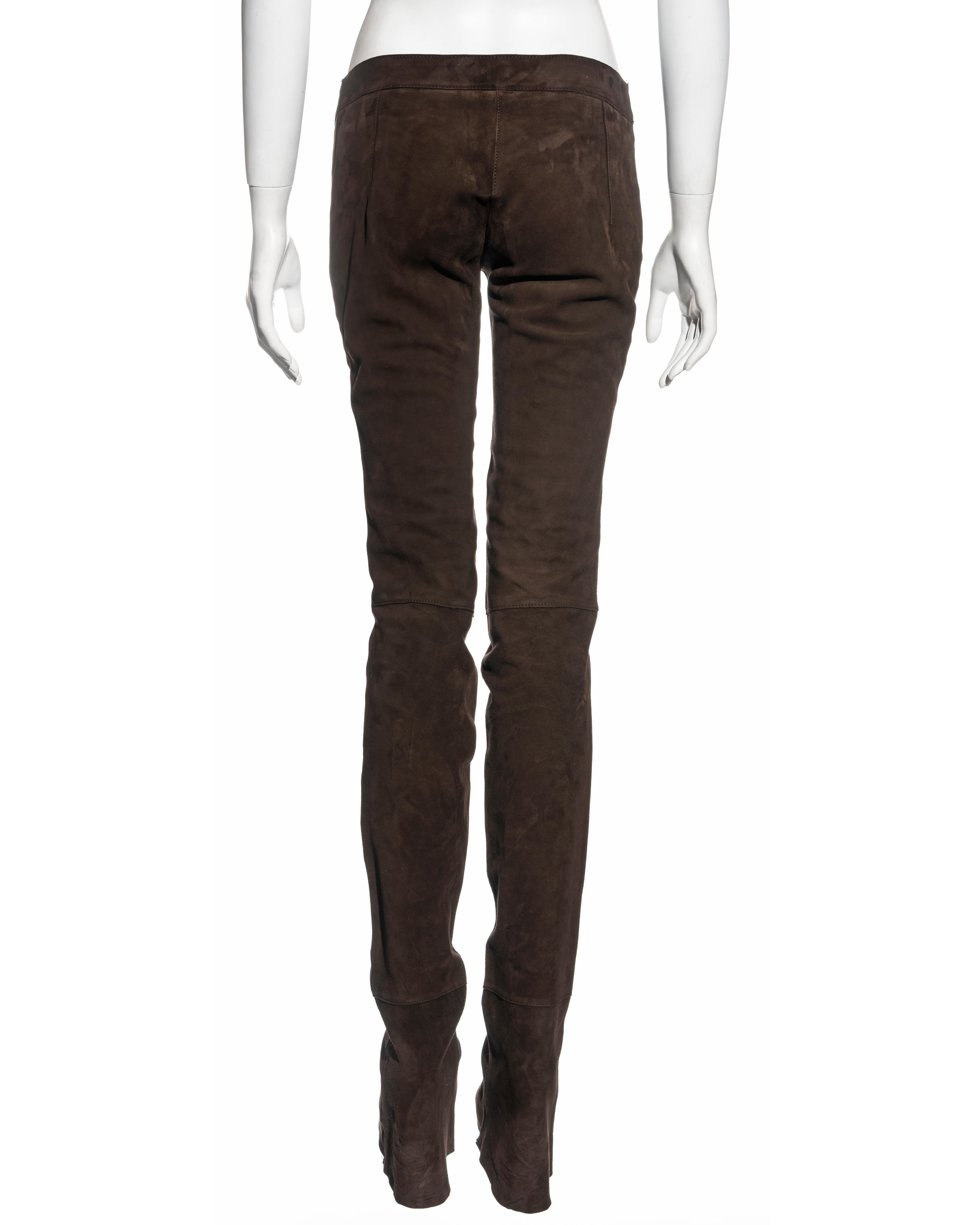 Dolce & Gabbana low rise extra long ruched brown leather pants, fw 2001 3