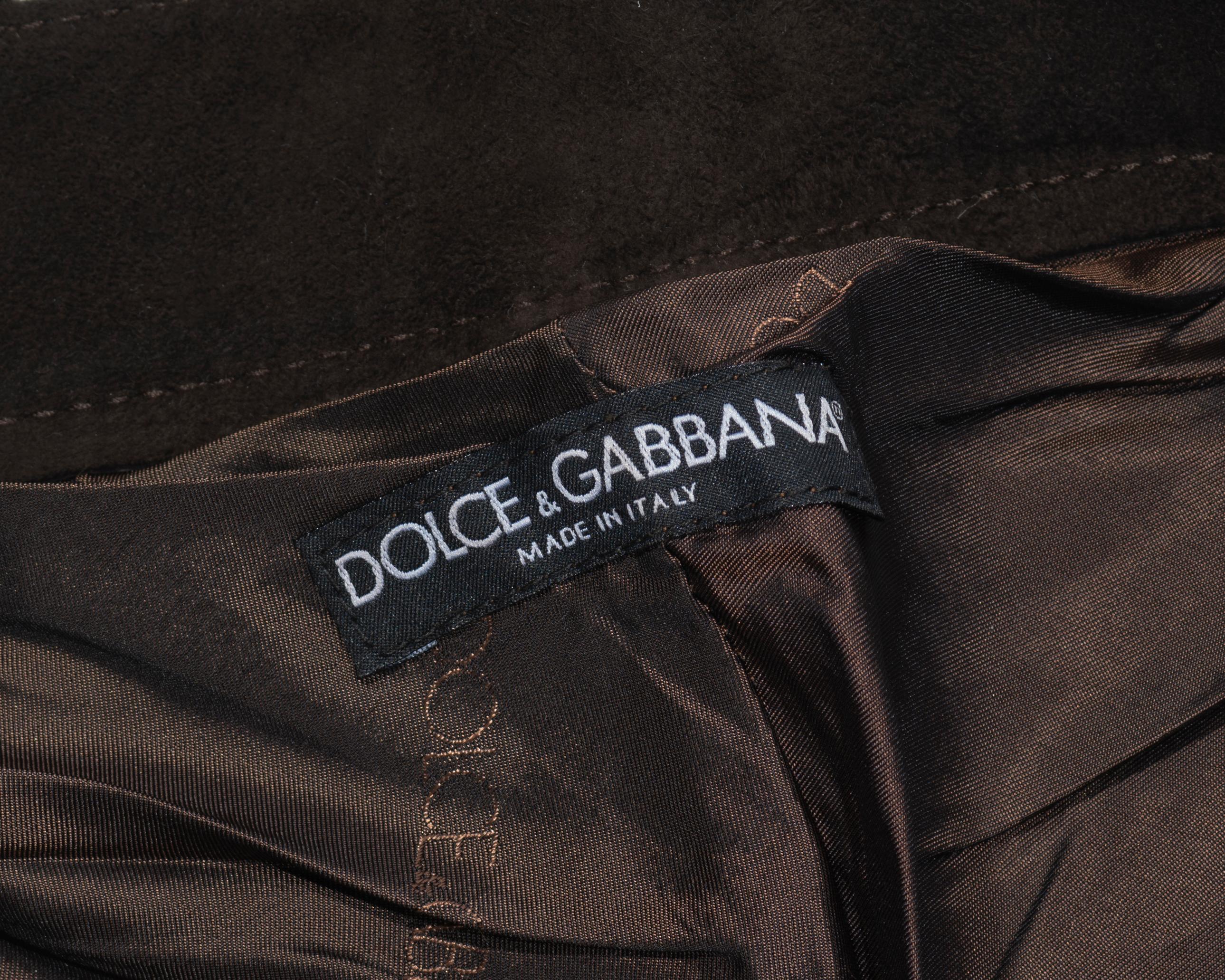 Dolce & Gabbana low rise extra long ruched brown leather pants, fw 2001 4