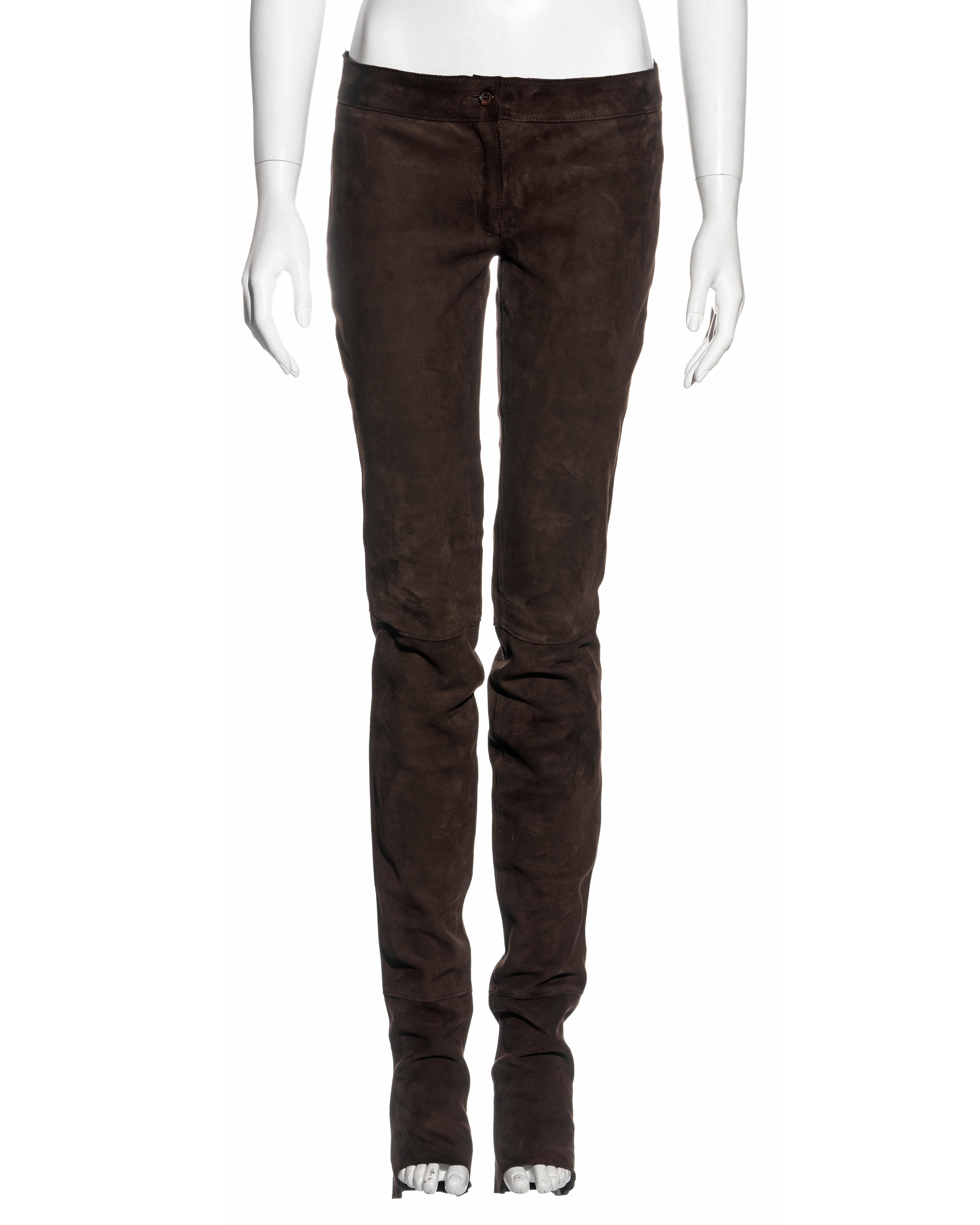 Black Dolce & Gabbana low rise extra long ruched brown leather pants, fw 2001