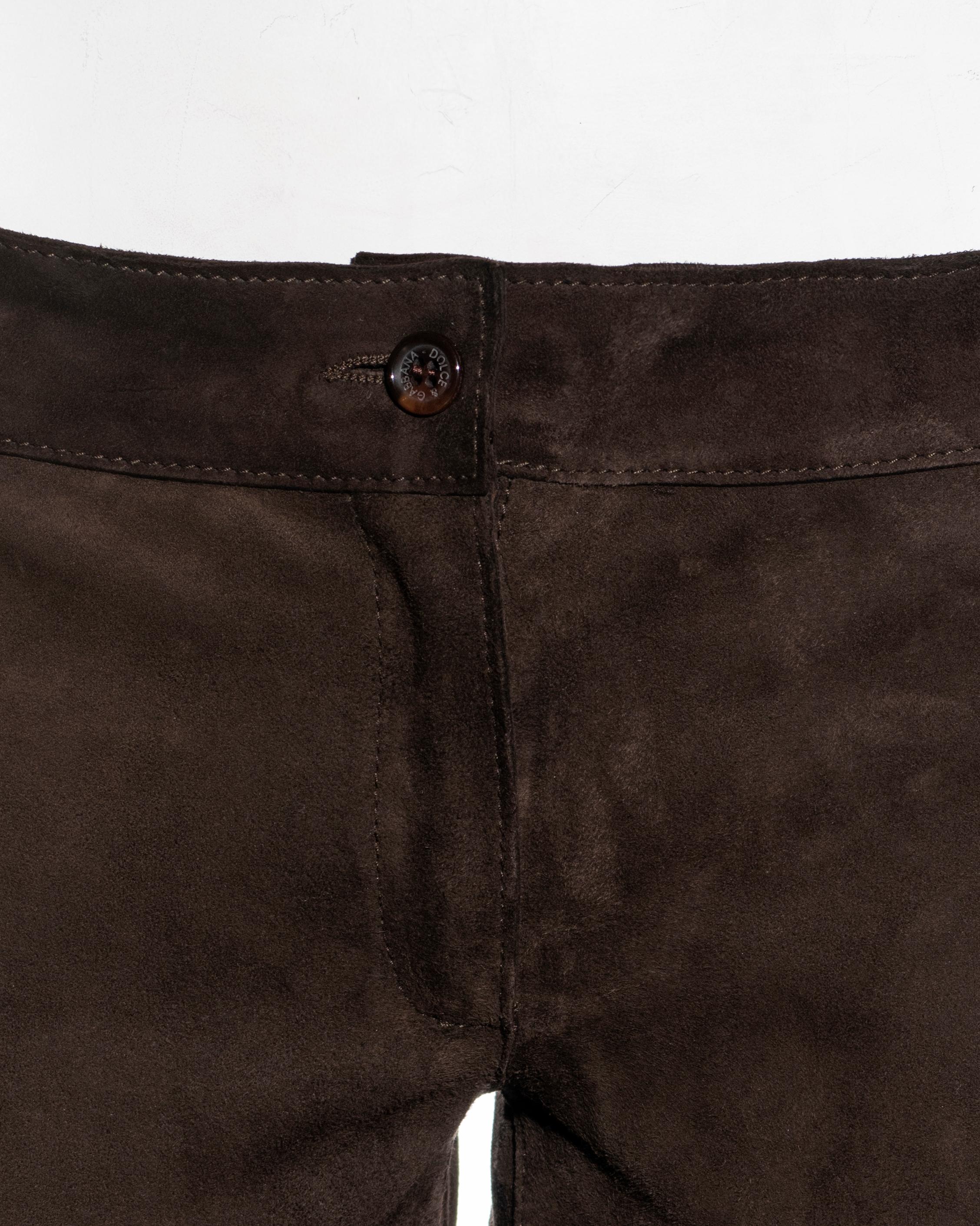 Dolce & Gabbana low rise extra long ruched brown leather pants, fw 2001 In Excellent Condition In London, GB