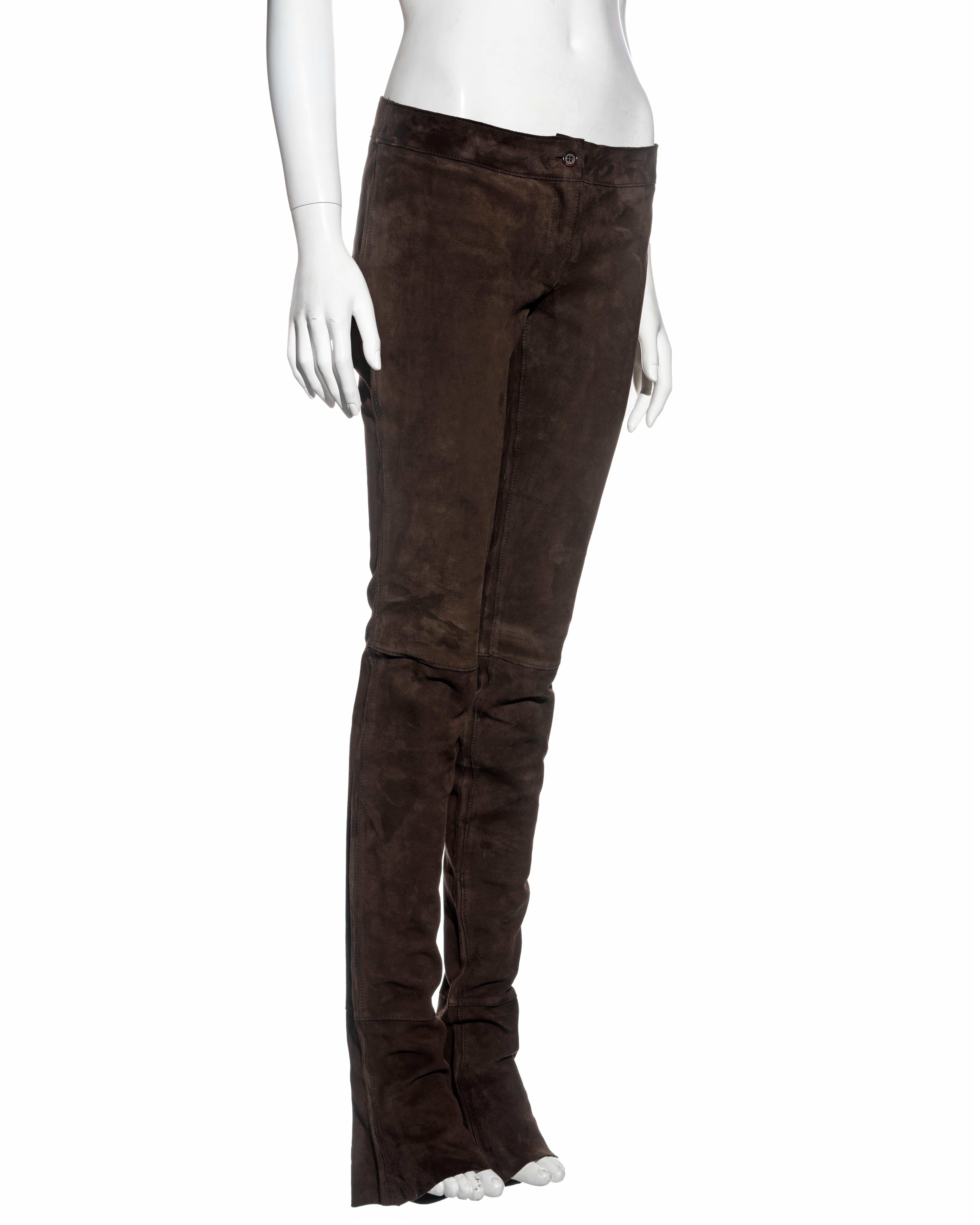Women's Dolce & Gabbana low rise extra long ruched brown leather pants, fw 2001