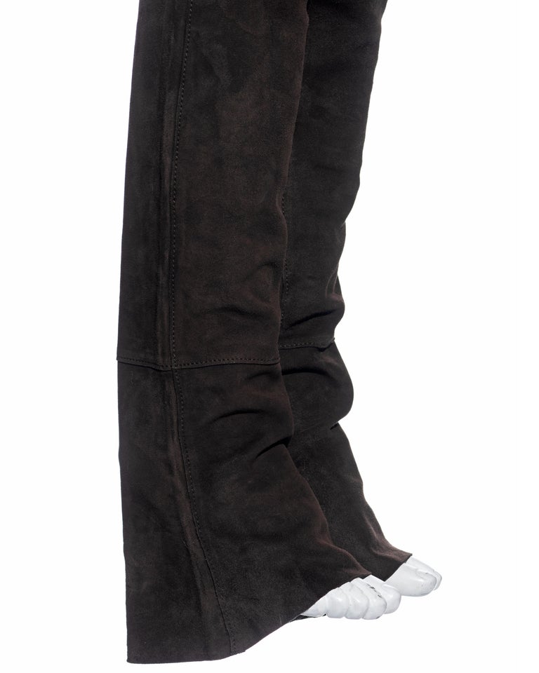 Dolce and Gabbana low rise extra long ruched brown leather pants, fw ...
