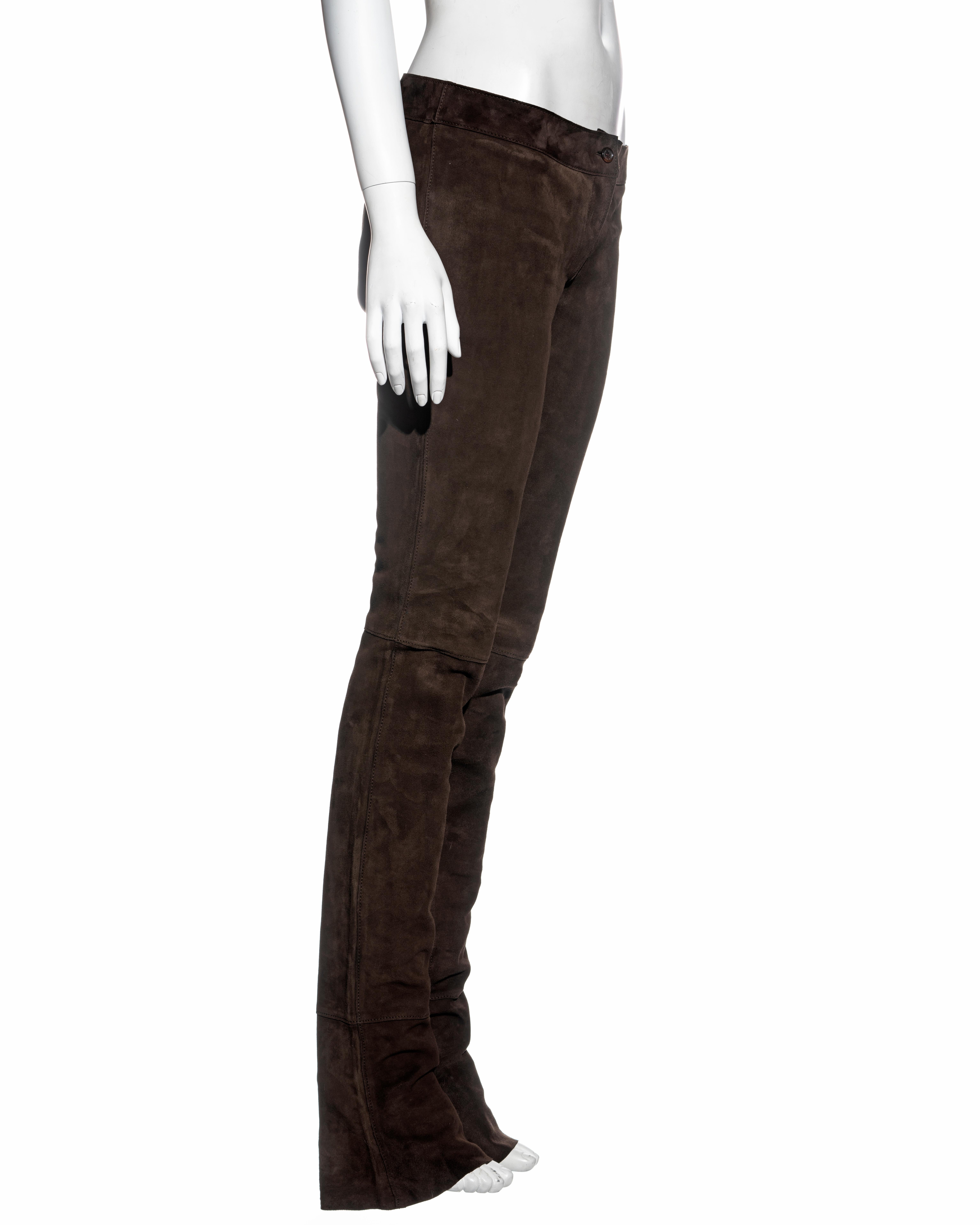 Dolce & Gabbana low rise extra long ruched brown leather pants, fw 2001 2