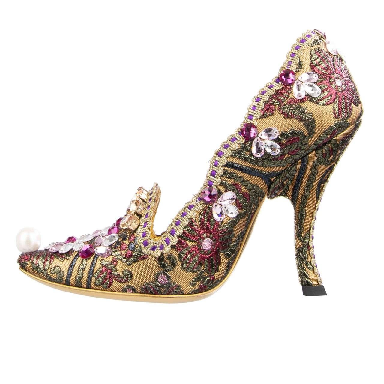 Dolce & Gabbana Lurex Jacquard Crystals Embroidered Pumps ALADINO Gold EUR 36 In Excellent Condition For Sale In Erkrath, DE