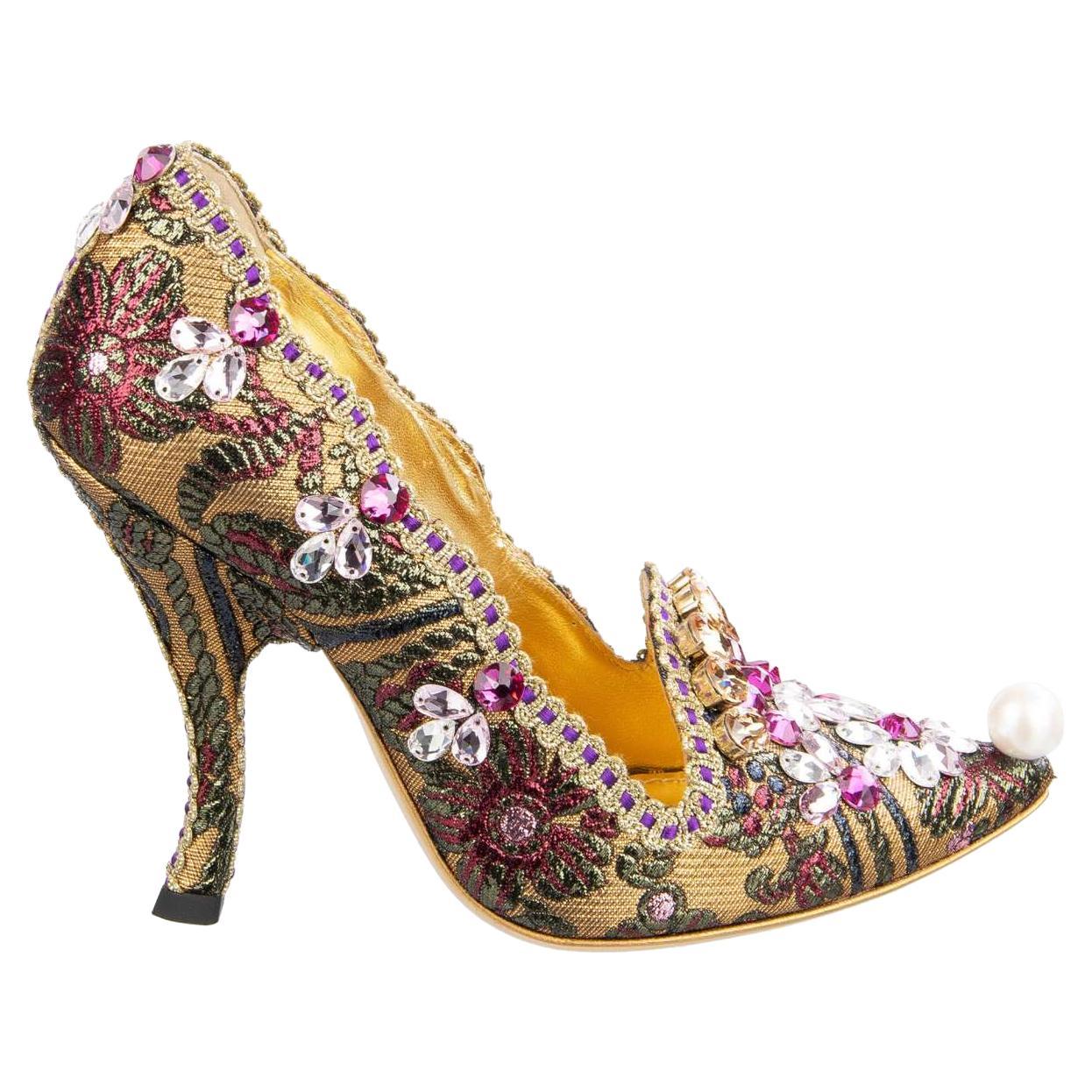 Dolce & Gabbana Lurex Jacquard Crystals Embroidered Pumps ALADINO Gold EUR 36 For Sale