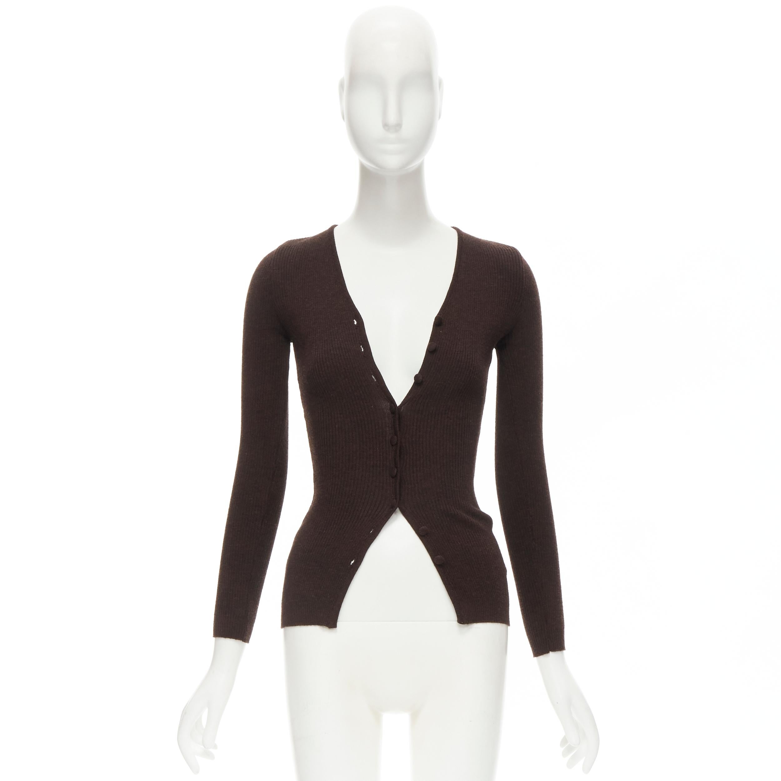DOLCE GABBANA Maglie Vintage 100% virgin wool brown ribbed cardigan IT42 S 2