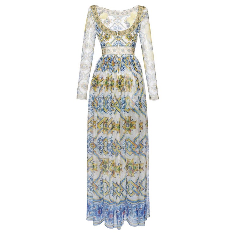 Dolce and Gabbana Maiolica Ceramic Print Chiffon Gown IT 44 US 8 at 1stDibs