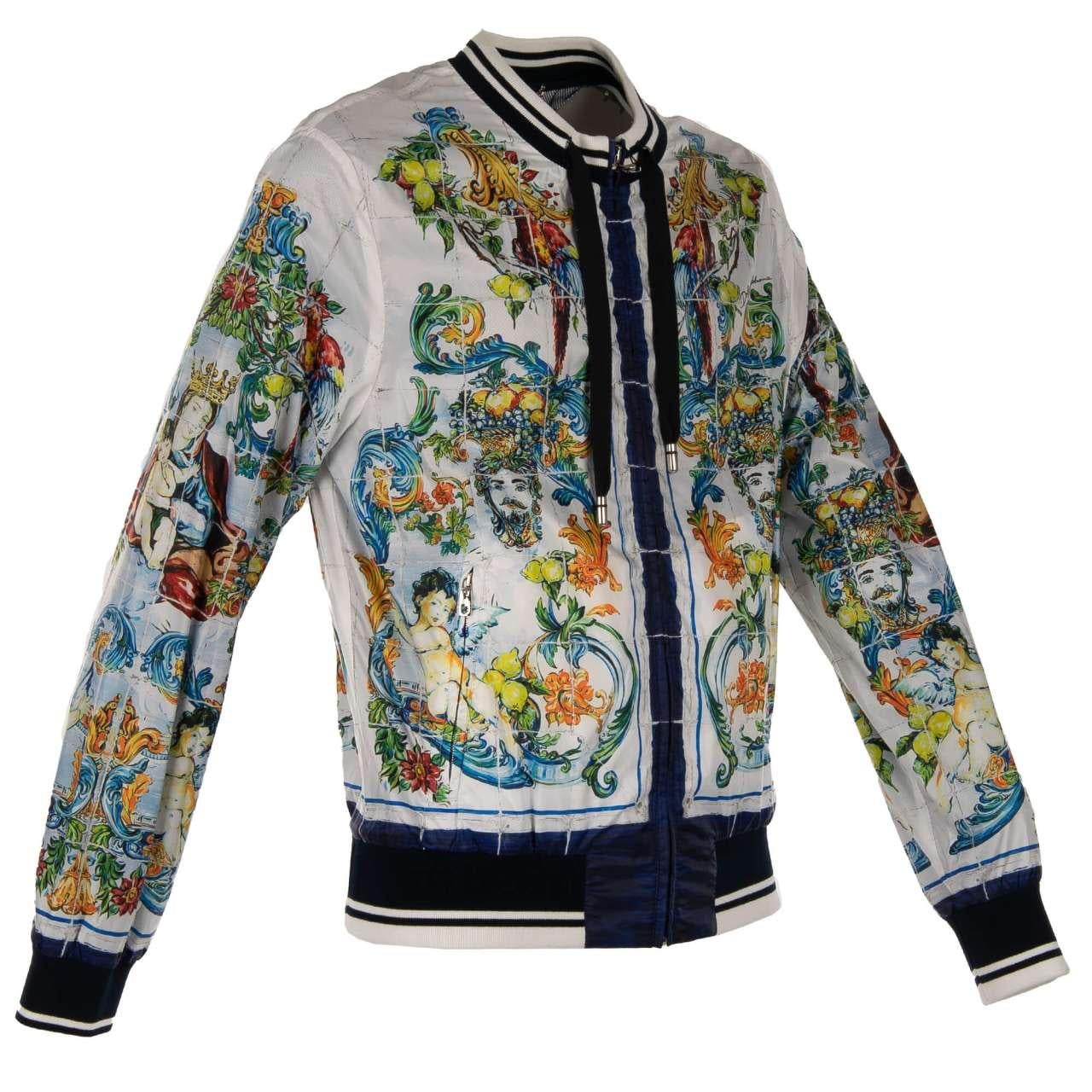 Dolce & Gabbana - Majolica Baroque Printed Bomber Jacket Blue White 52 In Excellent Condition For Sale In Erkrath, DE