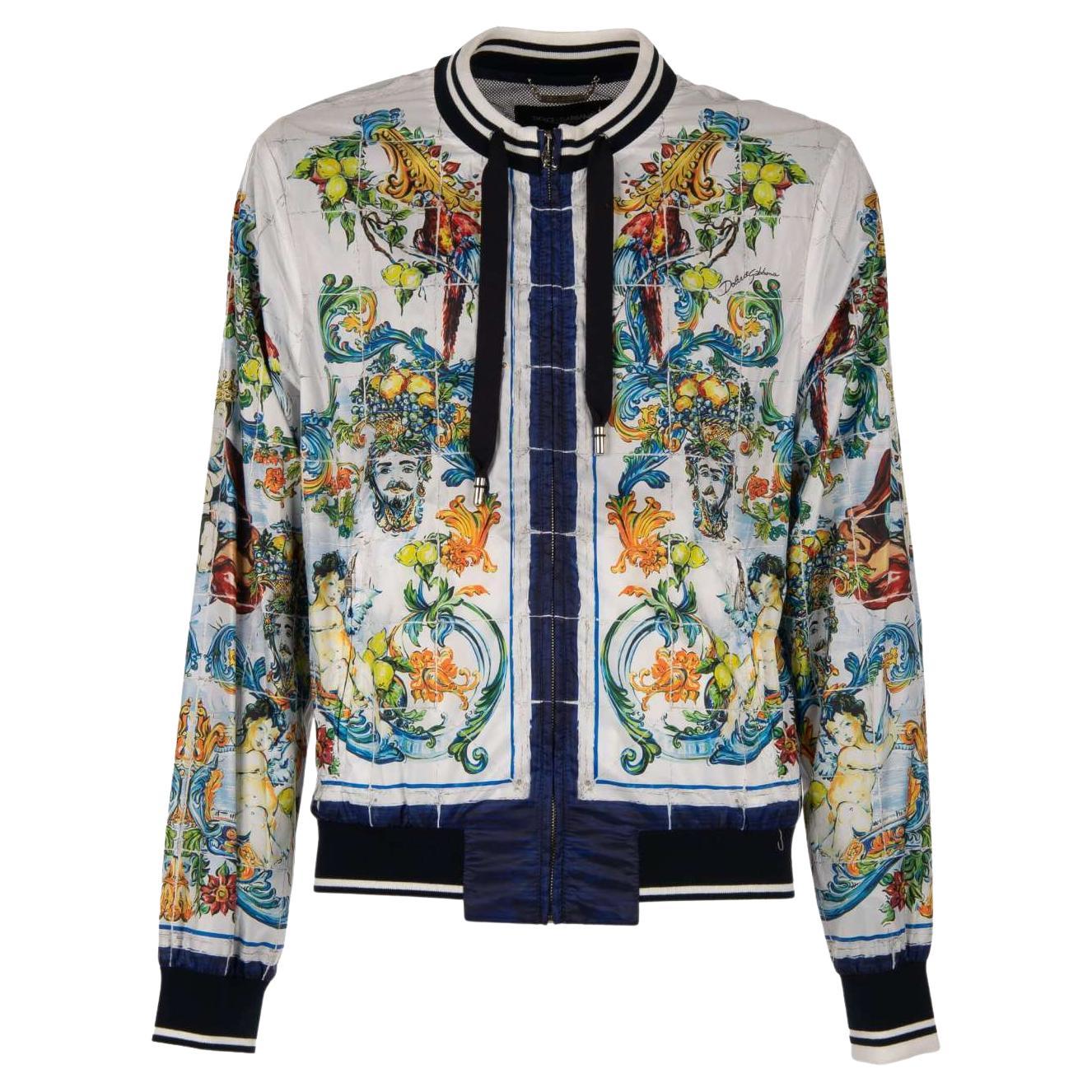 Dolce & Gabbana - Majolica Baroque Printed Bomber Jacket Blue White 52 For Sale