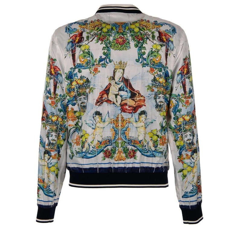 Motice Pockets Dolce and Gabbana - Majolica Baroque Printed Bomber Jacket Blue White ...