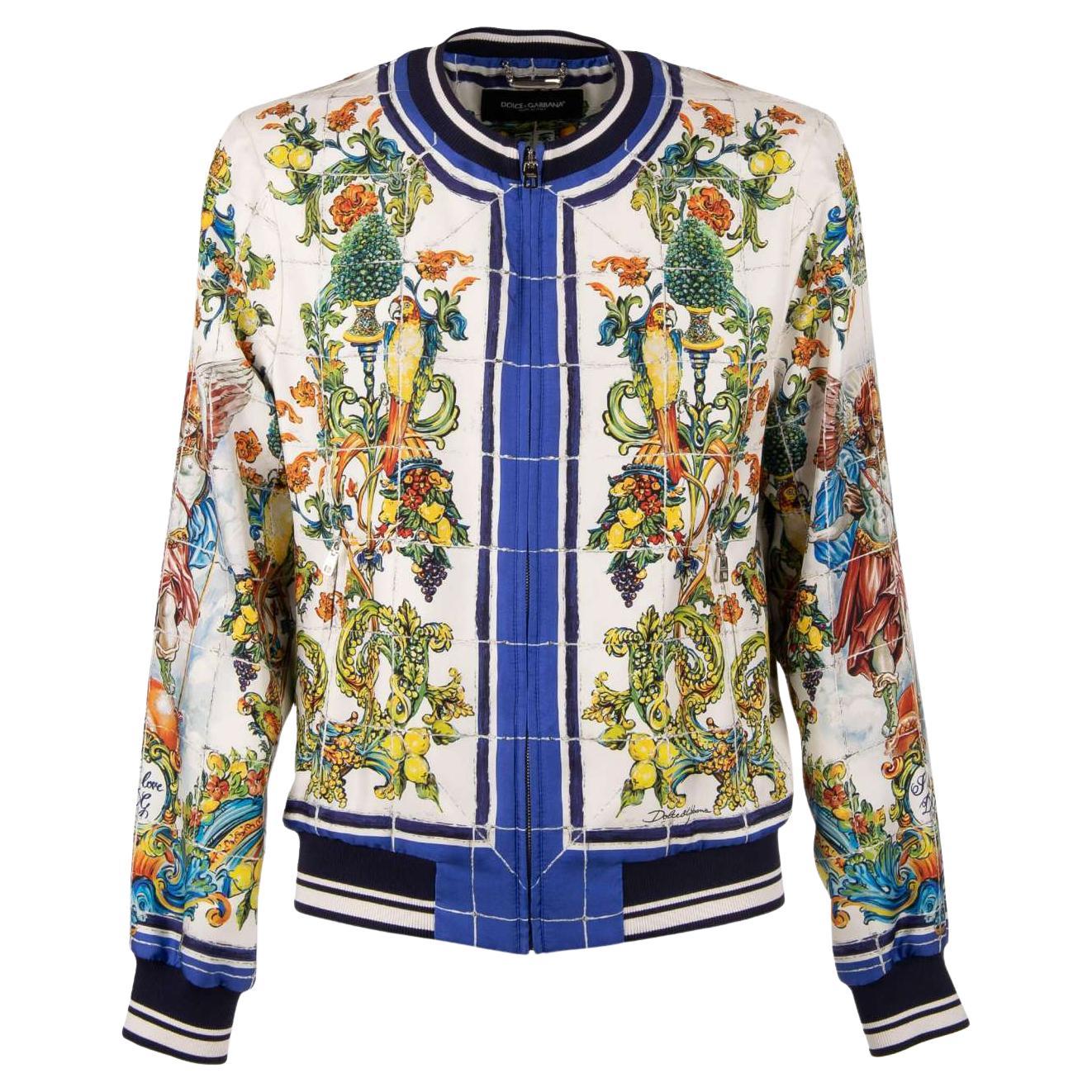 Dolce & Gabbana Majolica Baroque Printed Silk Bomber Jacket Blue White 44 For Sale