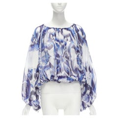 DOLCE GABBANA Majolica blue white 100% silk floral sheer blouse top IT40 S