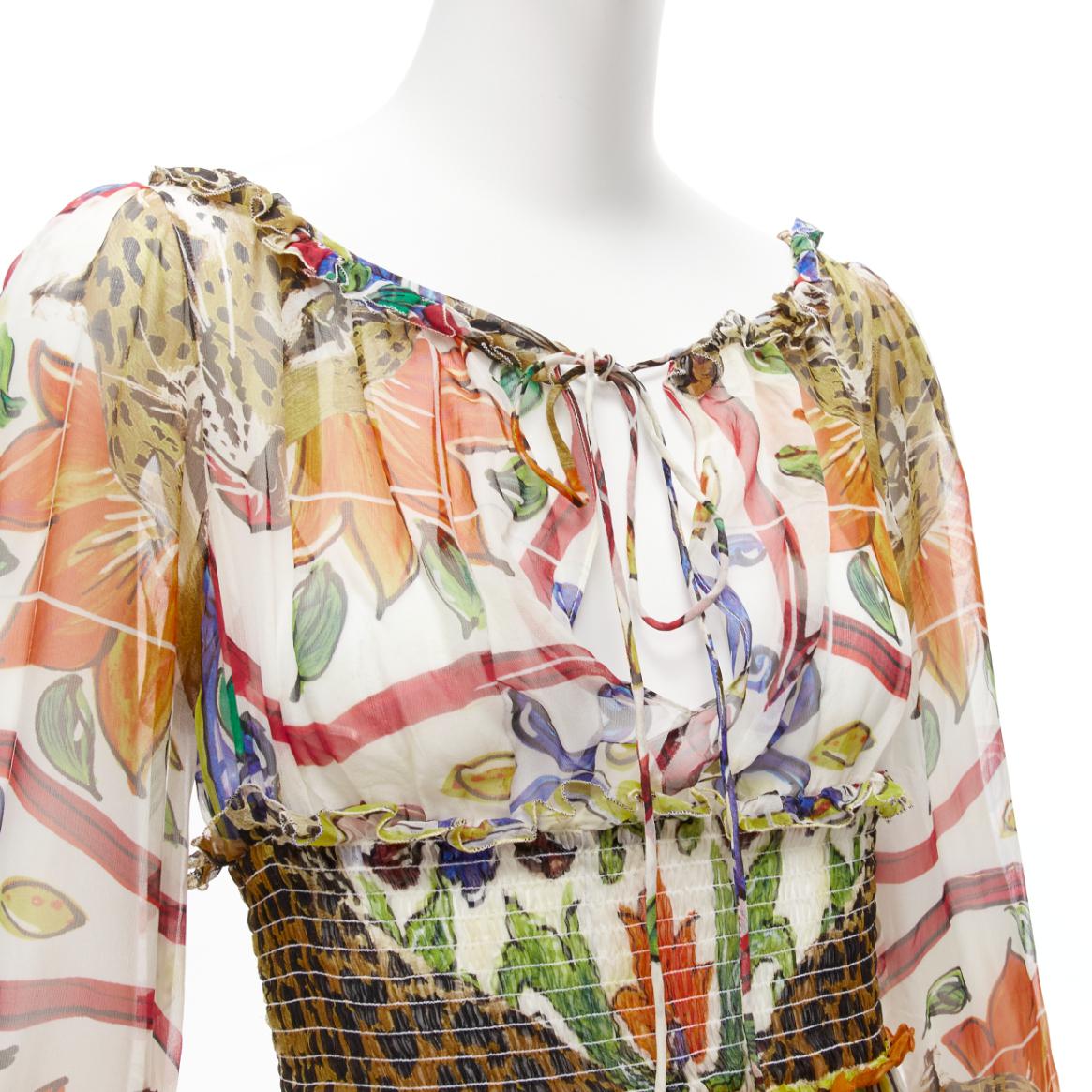 DOLCE GABBANA Majolica Leopard mixed print billow sleeves sheer blouse top IT38  3