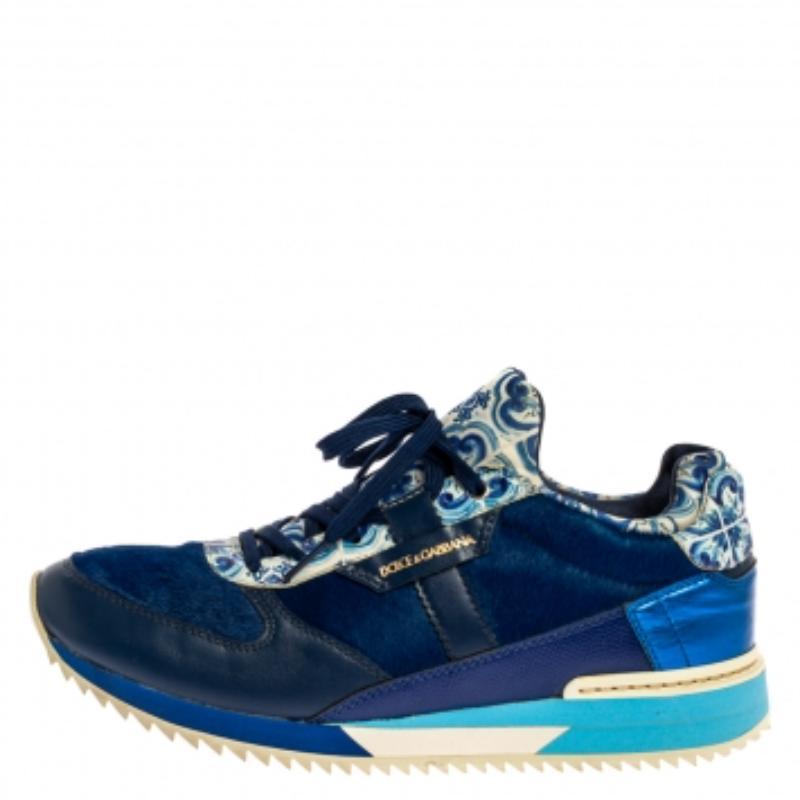 Purple Dolce & Gabbana Majolica Print Leather And Pony Hair Platform Sneakers Size 38.5 For Sale