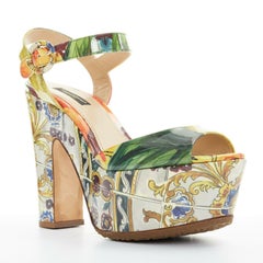 DOLCE GABBANA Majolica print patent peep toe platform heel sandals EU36