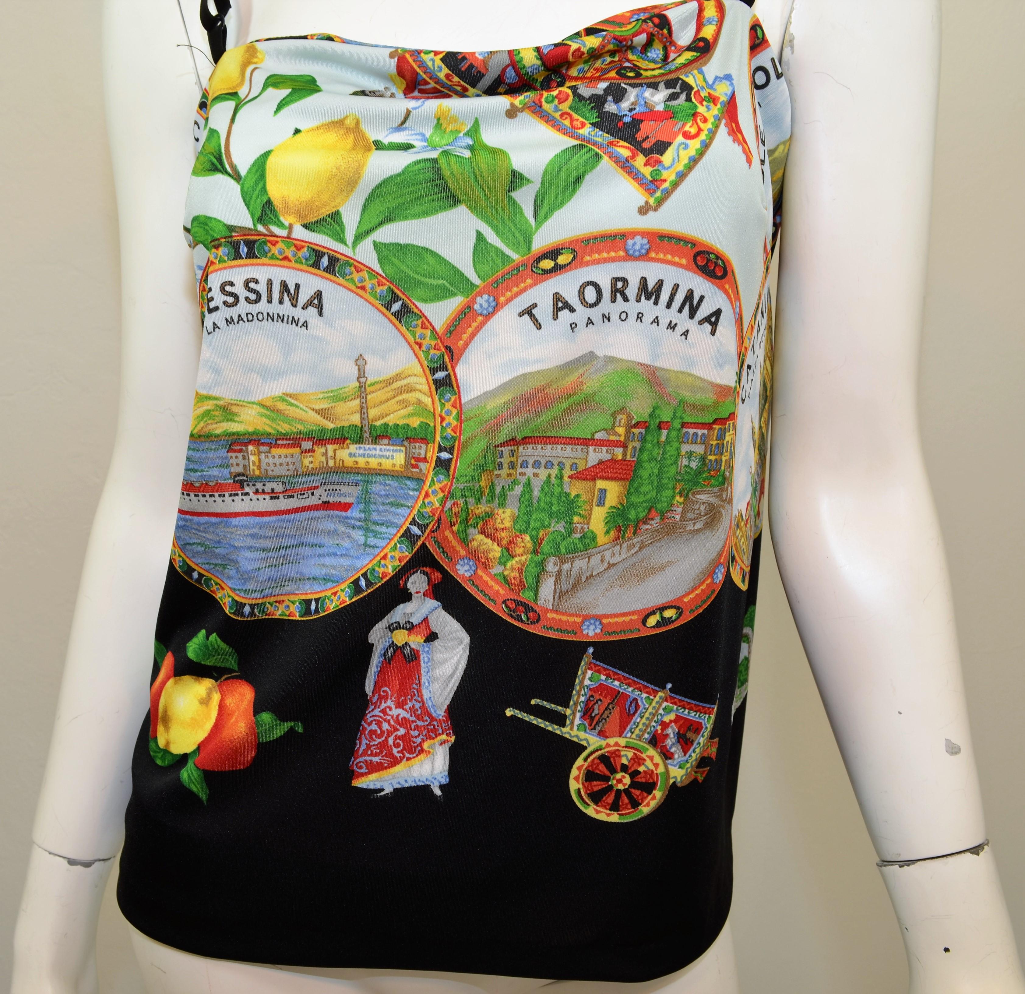 Dolce & Gabbana Mare “Isole Eolie” Printed Camisole Top -- features a cowl neckline and adjustable shoulder straps. Top is labeled size 46(XL), made in Italy, 100% polyester.

Measurements:
Bust 34”, length 12.5”