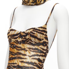 DOLCE GABBANA MARE Vintage tiger print mesh bustier bodysuit wrap skirt scarf S