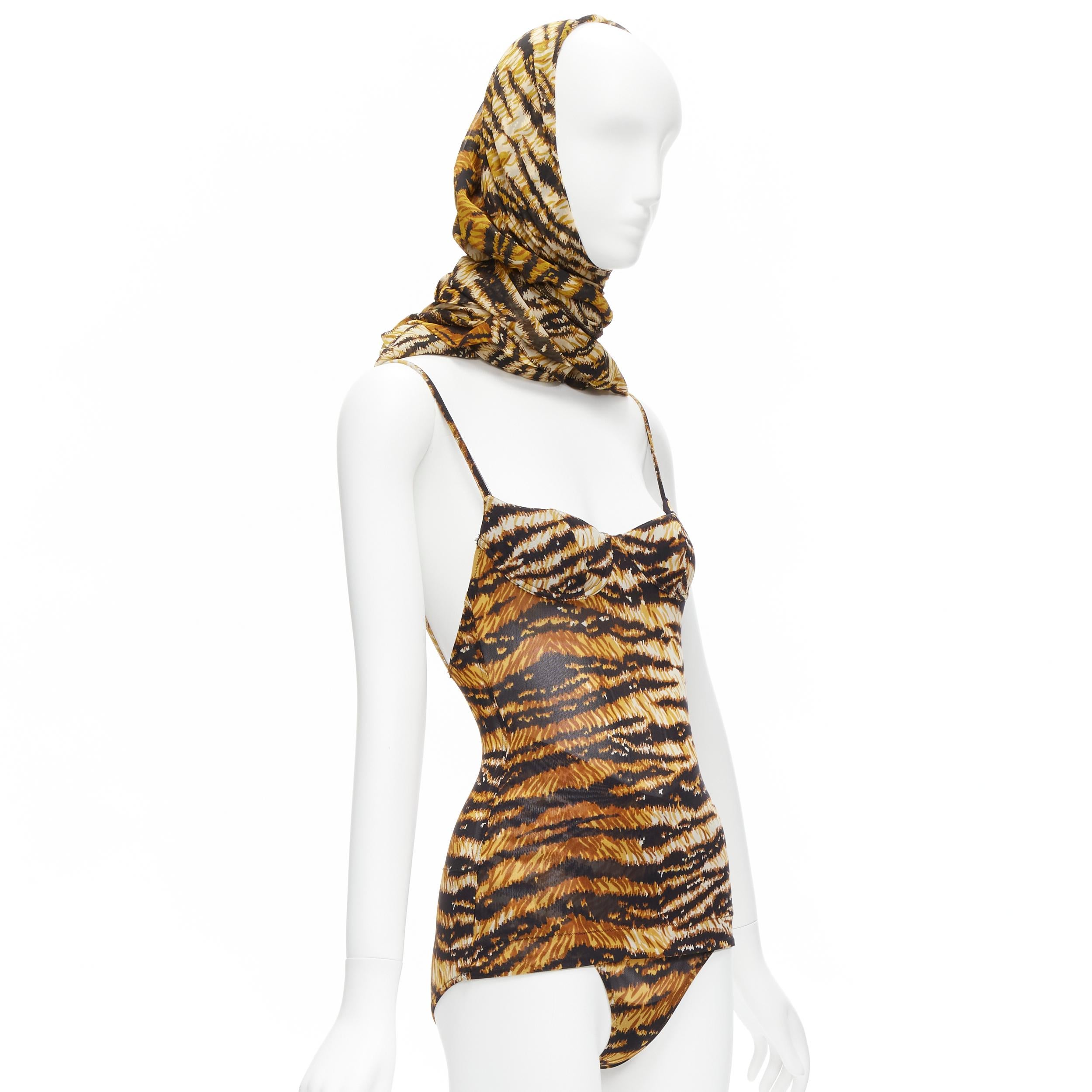 DOLCE GABBANA MARE Vintage tiger print mesh bustier bodysuit wrap skirt scarf S In Excellent Condition For Sale In Hong Kong, NT