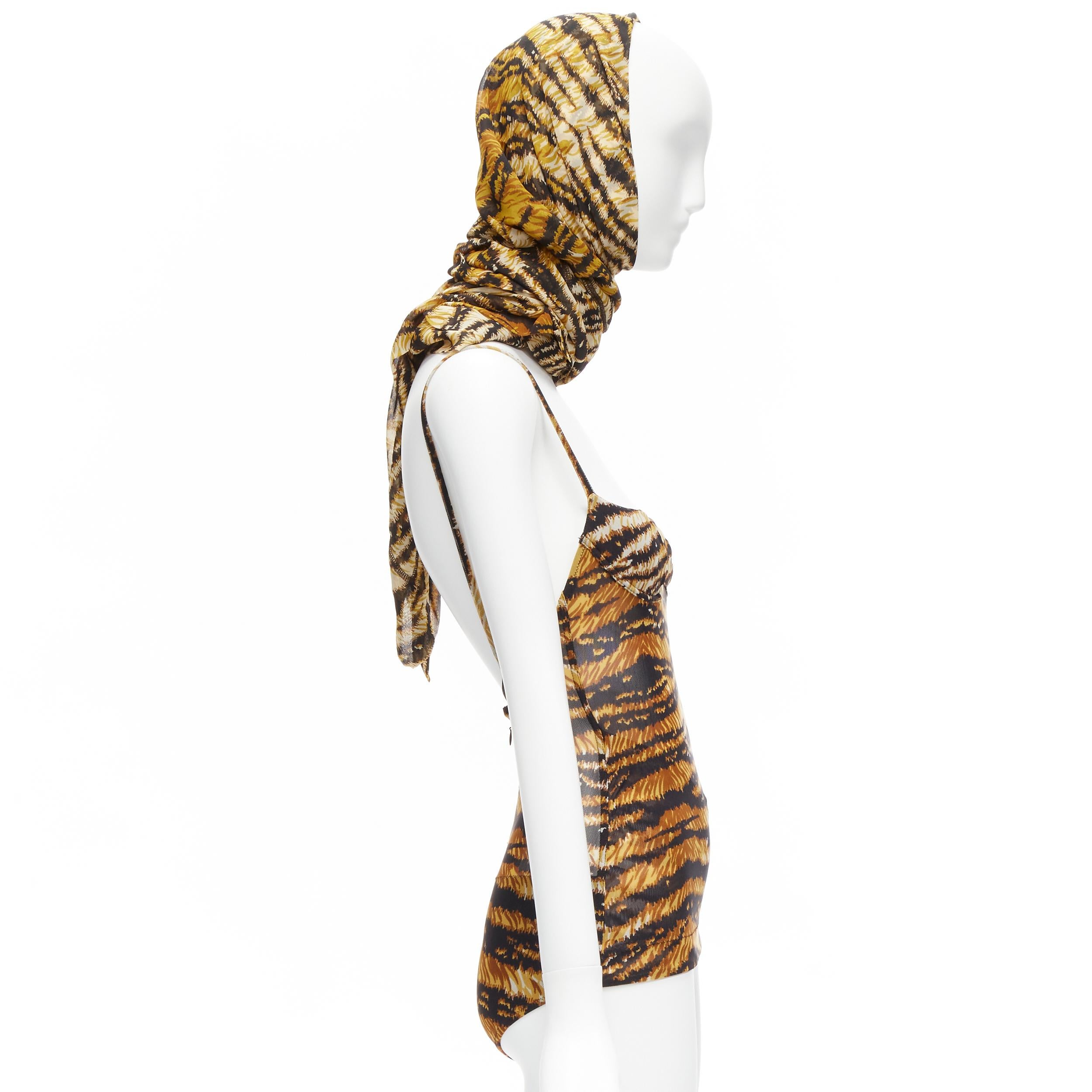 Women's DOLCE GABBANA MARE Vintage tiger print mesh bustier bodysuit wrap skirt scarf S For Sale