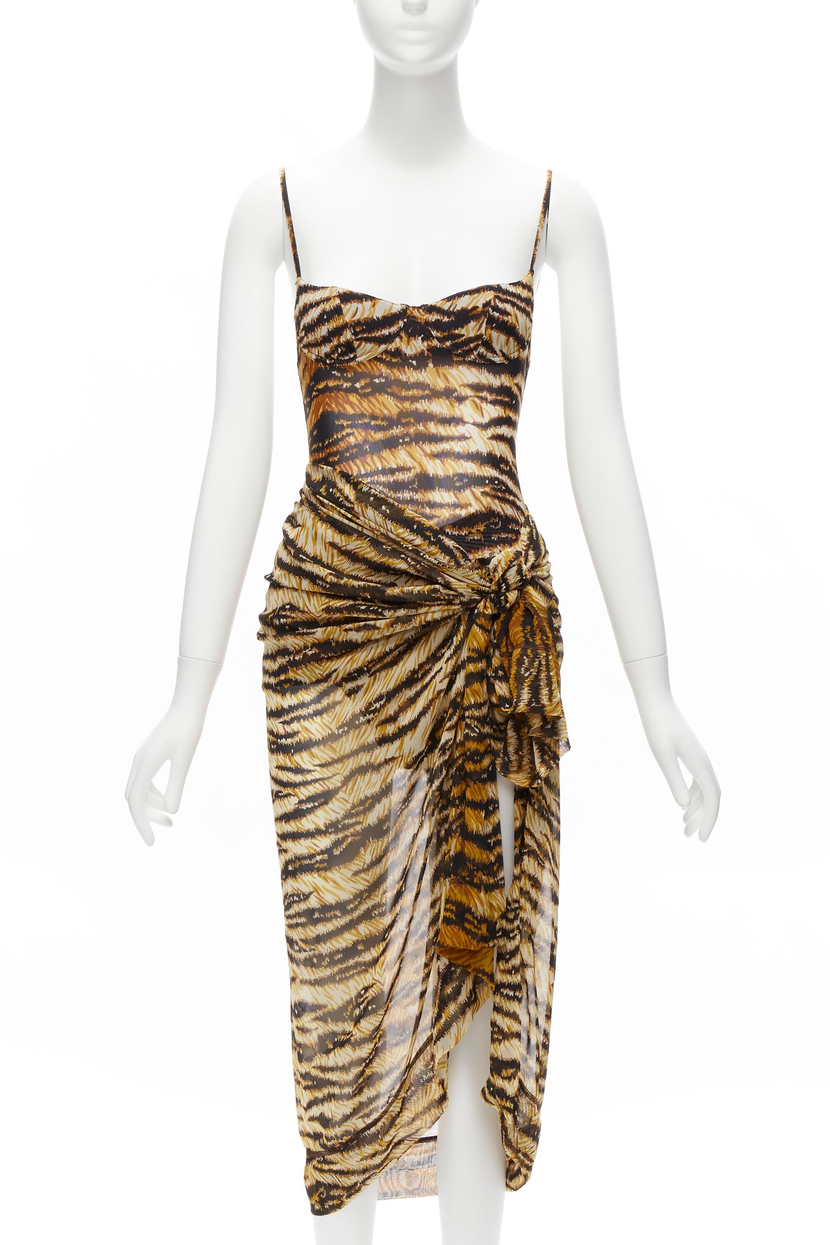 DOLCE GABBANA MARE Vintage tiger print mesh bustier bodysuit wrap skirt scarf S For Sale 4