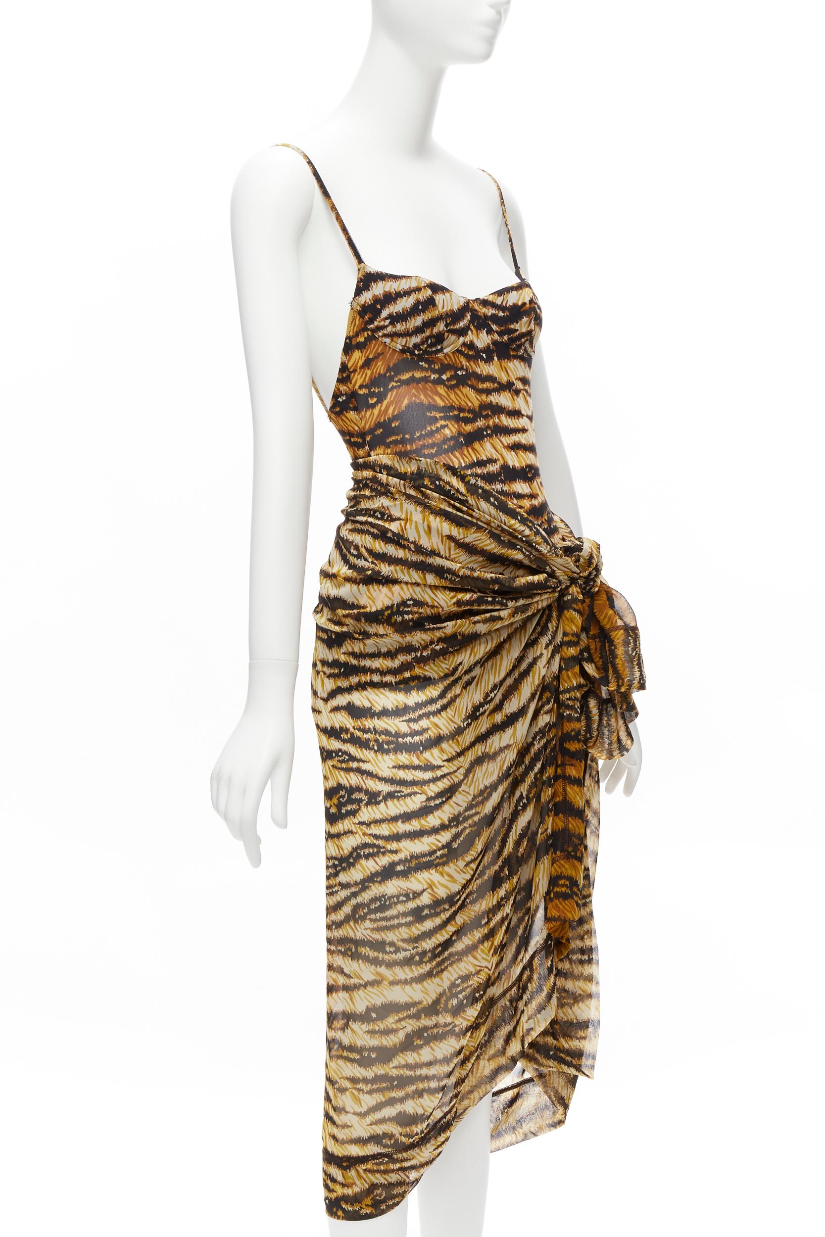 DOLCE GABBANA MARE Vintage tiger print mesh bustier bodysuit wrap skirt scarf S For Sale 5