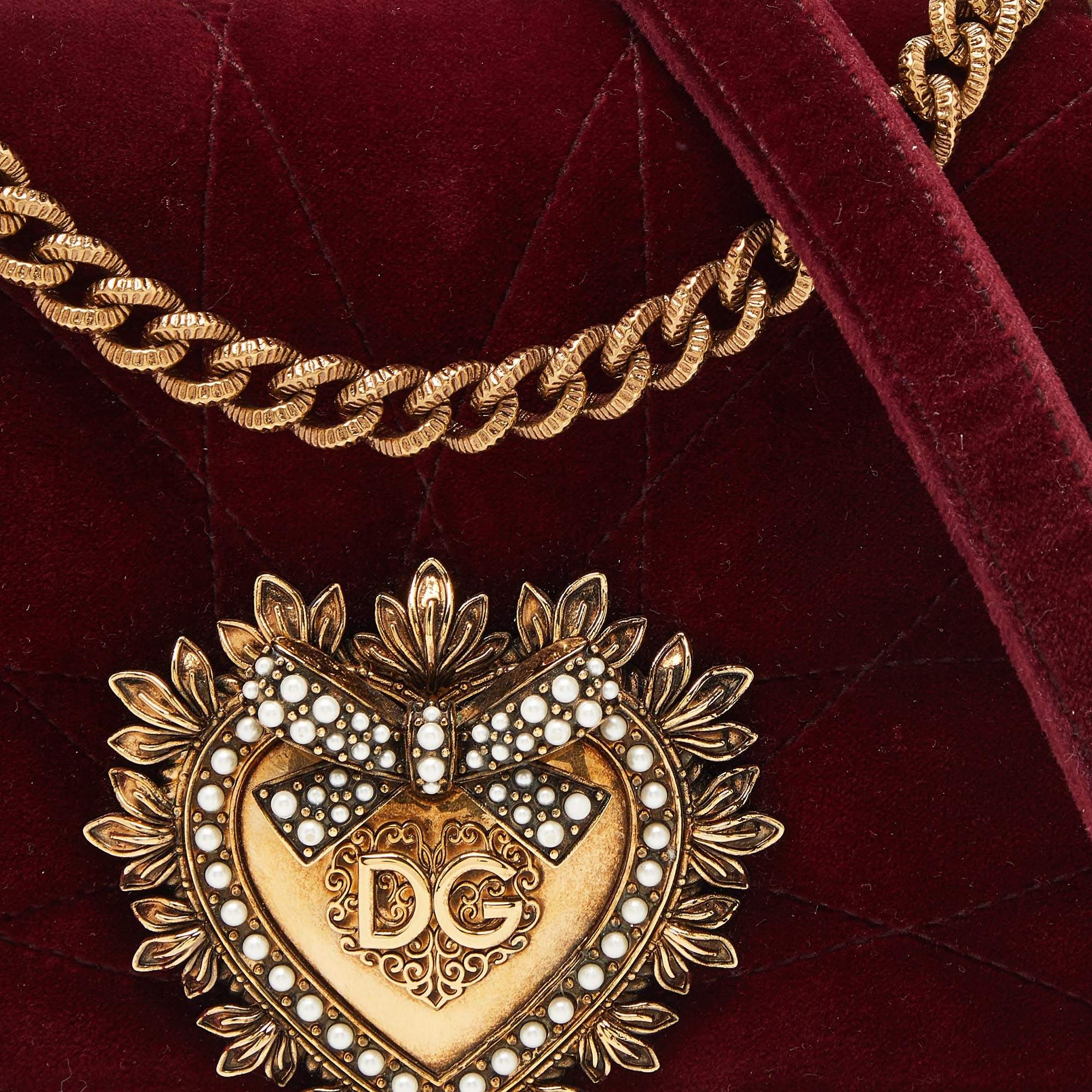 Dolce & Gabbana Maroon Quilted Velvet Devotion Chain Shoulder Bag 6