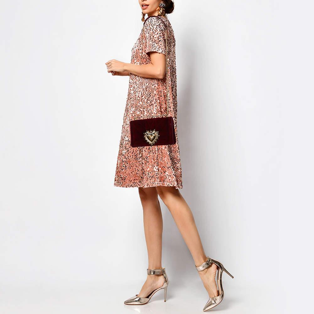 Dolce & Gabbana Maroon Quilted Velvet Devotion Chain Shoulder Bag In Good Condition For Sale In Dubai, Al Qouz 2